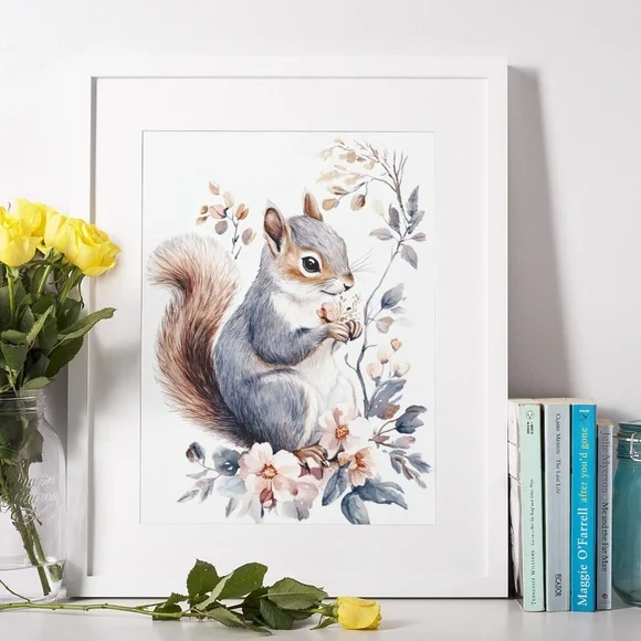 Watercolor Floral Squirrel Portrait Wall Art Illustration Print Poster Unframed - Picture 9 of 9